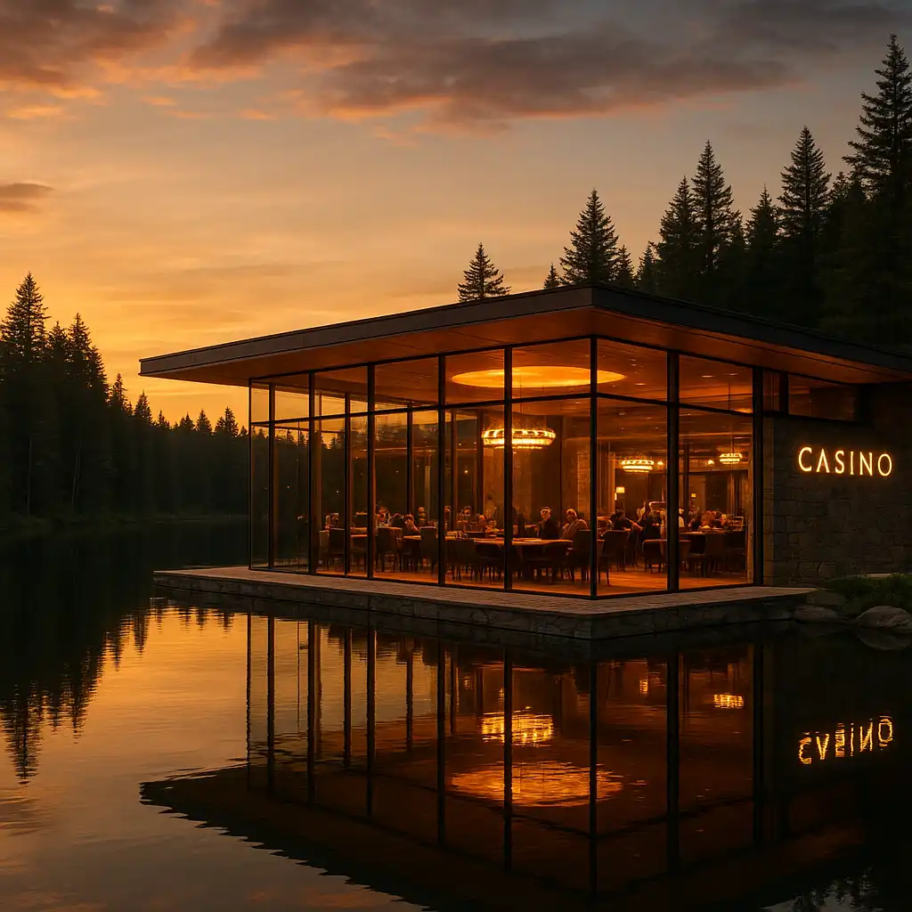 RivoCasino glass pavilion beside a Canadian lake at sunset