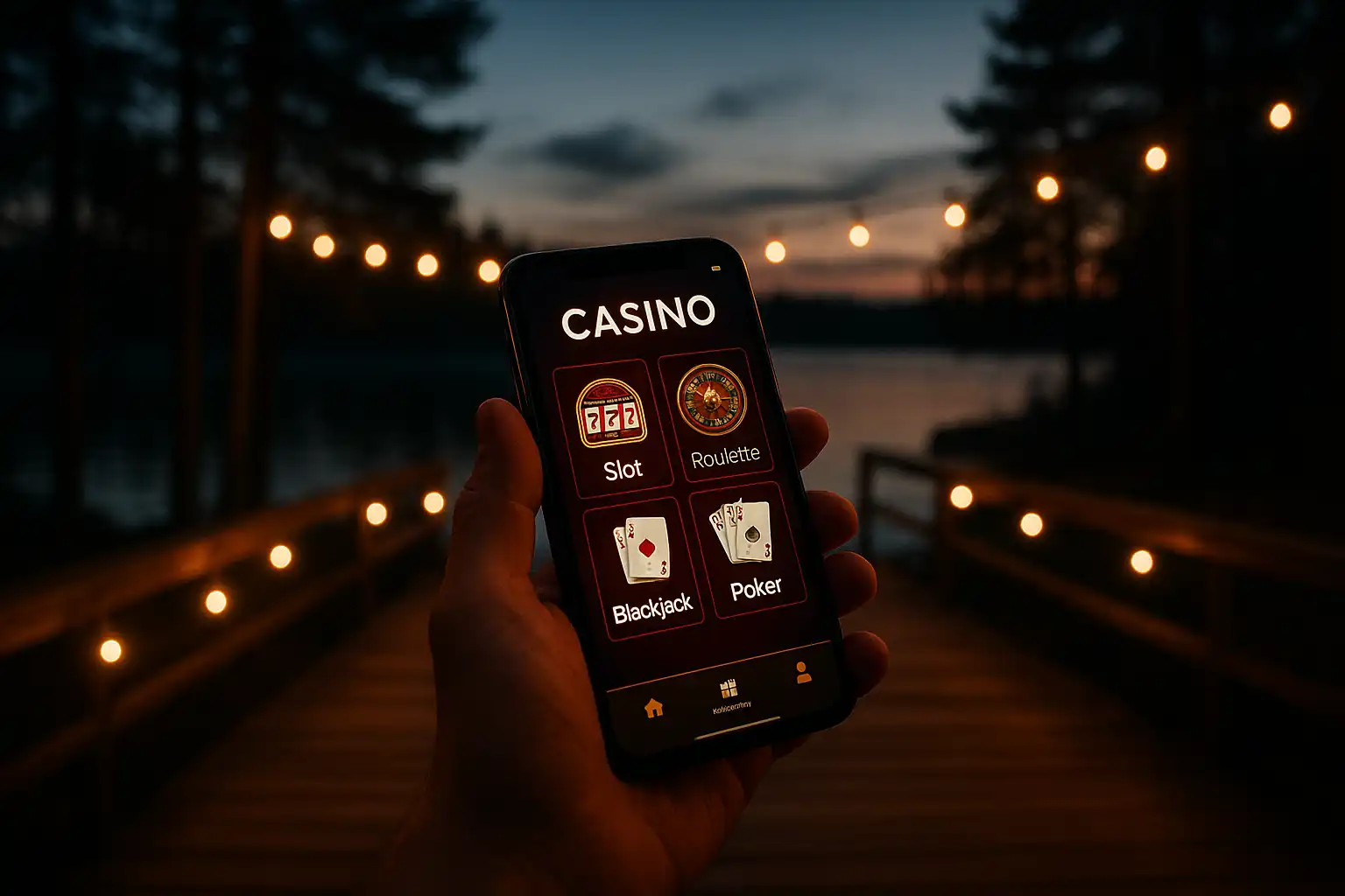Smartphone showing the RivoCasino mobile app lobby beside a lake at dusk