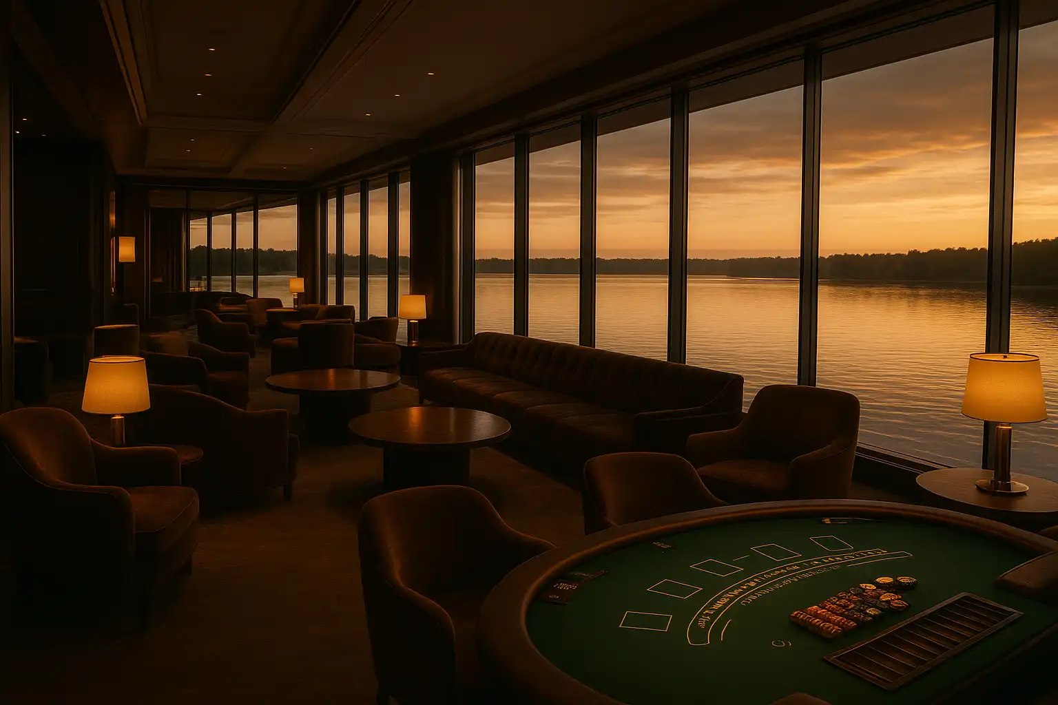 Lounge area of RivoCasino with lakeside view through glass walls