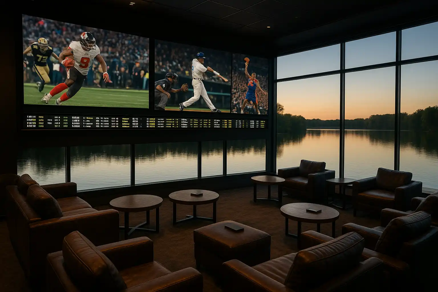 RivoCasino sportsbook lounge with screens overlooking a lake